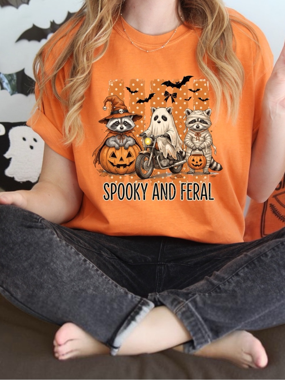 Halloween Raccoon & Ghost Graphic Tee funny cute New made to order S M L XL - Picture 4 of 7